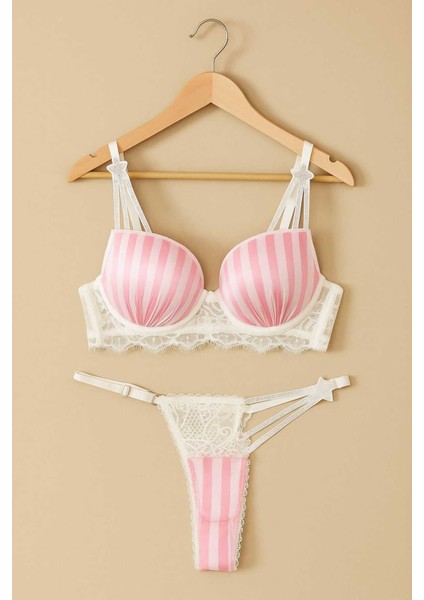 Dolgulu Balenli Dantel Tül ve Taş Detaylı Push Up Dikleştirici Özel Tasarım Saten Sütyen Takımı modelleri