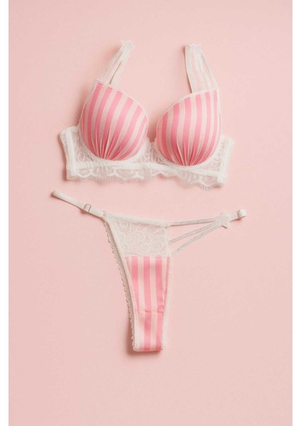 Dolgulu Balenli Dantel Tül ve Taş Detaylı Push Up Dikleştirici Özel Tasarım Saten Sütyen Takımı fırsatları