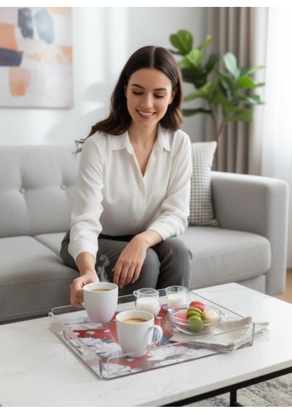 Red - White Rose Pleksi Tepsi - 25X25CM modelleri