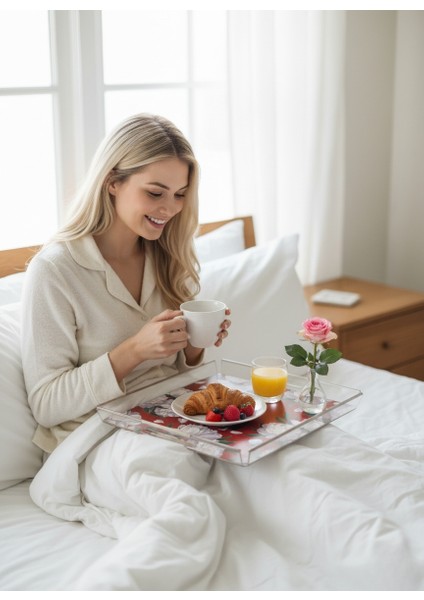 Red - White Rose Pleksi Tepsi - 25X25CM fırsatları