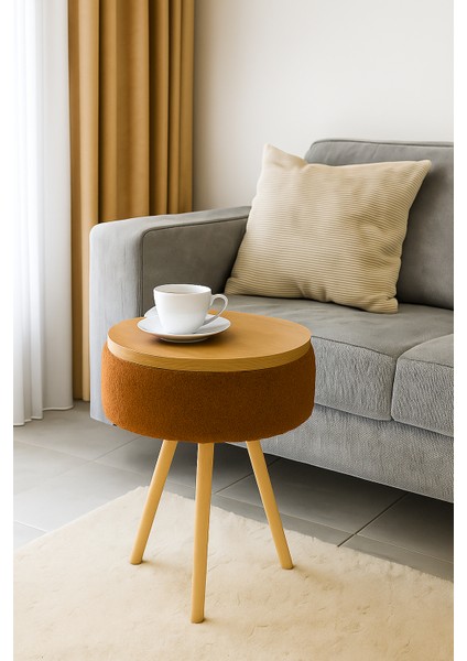 Teddy Kumaş Kaplama Çam Ahşap Yuvarlak Zigon Sehpa, Yan Sehpa, 50X33 cm