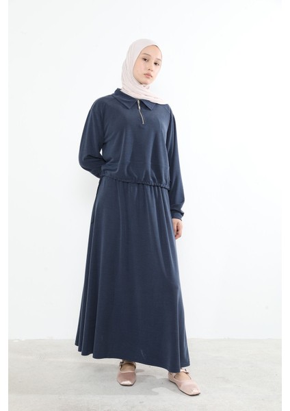 Kadın Polo Yaka Fermuar Detay Tunik Büzgü Detaylı Tesettür Etekli Takım Lacivert