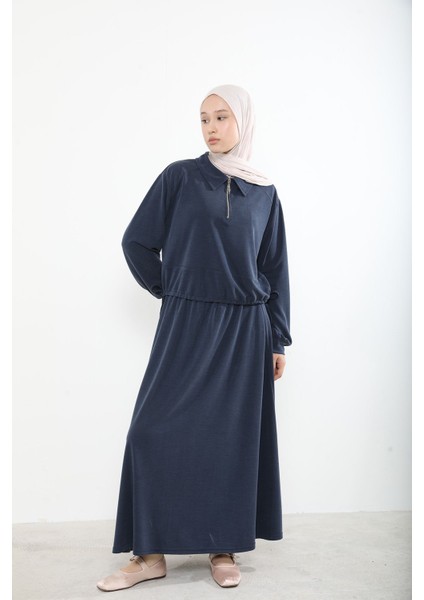 Kadın Polo Yaka Fermuar Detay Tunik Büzgü Detaylı Tesettür Etekli Takım Lacivert fiyatları