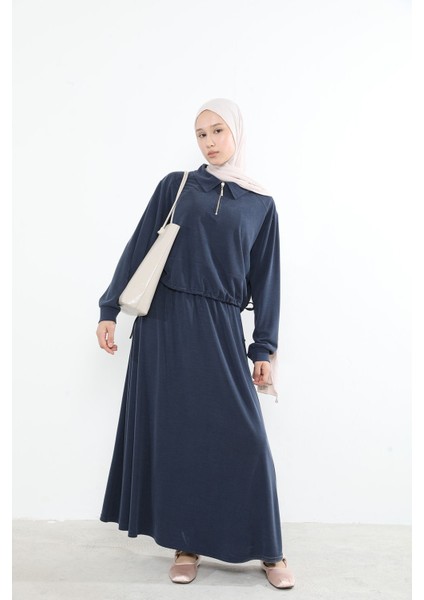 Kadın Polo Yaka Fermuar Detay Tunik Büzgü Detaylı Tesettür Etekli Takım Lacivert modelleri