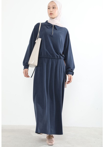 Kadın Polo Yaka Fermuar Detay Tunik Büzgü Detaylı Tesettür Etekli Takım Lacivert indirimleri