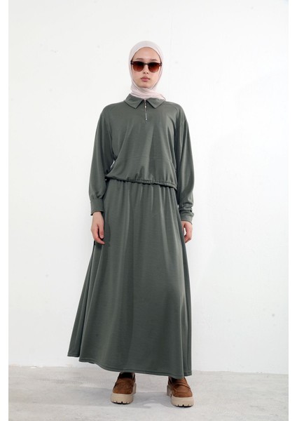 Kadın Polo Yaka Fermuar Detay Tunik Büzgü Detaylı Tesettür Etekli Takım Haki