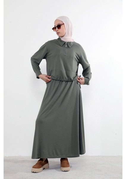 Kadın Polo Yaka Fermuar Detay Tunik Büzgü Detaylı Tesettür Etekli Takım Haki fiyatları