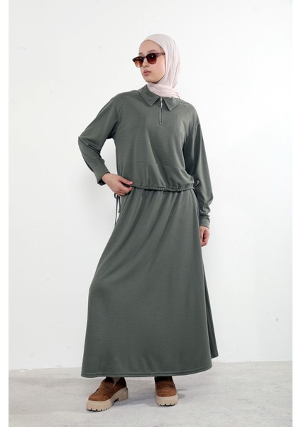 Kadın Polo Yaka Fermuar Detay Tunik Büzgü Detaylı Tesettür Etekli Takım Haki modelleri