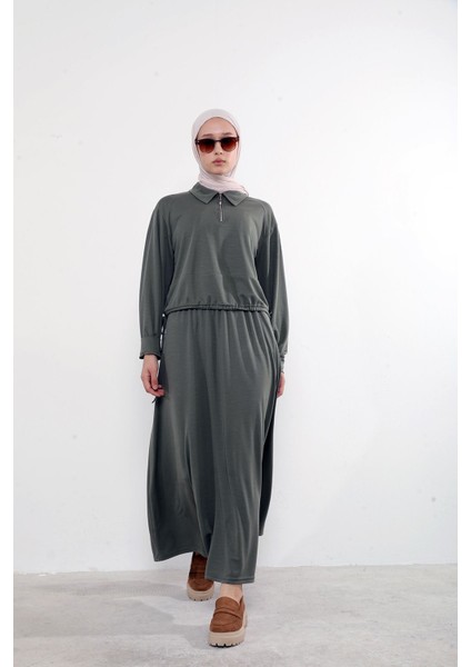 Kadın Polo Yaka Fermuar Detay Tunik Büzgü Detaylı Tesettür Etekli Takım Haki fırsatları