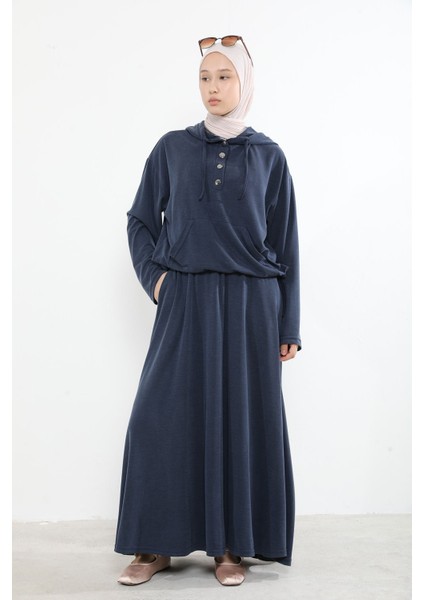 Kadın Önü Çıtçıt Pat Detaylı Kanguru Cepli Kapüşonlu Tesettür Etekli Takım Lacivert