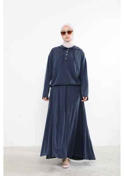 Kadın Önü Çıtçıt Pat Detaylı Kanguru Cepli Kapüşonlu Tesettür Etekli Takım Lacivert fiyatları