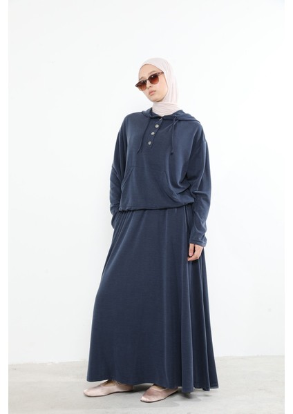 Kadın Önü Çıtçıt Pat Detaylı Kanguru Cepli Kapüşonlu Tesettür Etekli Takım Lacivert fırsatları