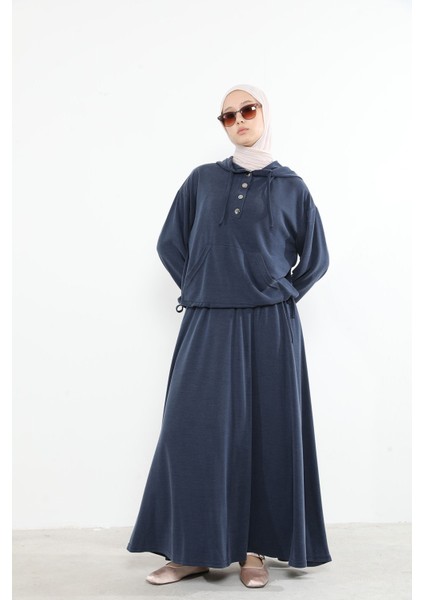 Kadın Önü Çıtçıt Pat Detaylı Kanguru Cepli Kapüşonlu Tesettür Etekli Takım Lacivert indirimleri