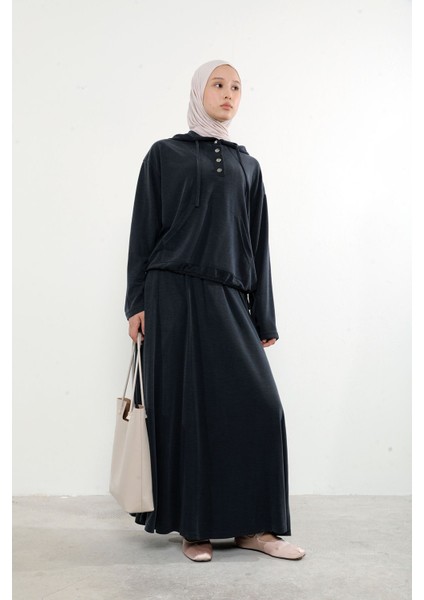 Kadın Önü Çıtçıt Pat Detaylı Kanguru Cepli Kapüşonlu Tesettür Etekli Takım Siyah modelleri