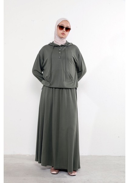 Kadın Önü Çıtçıt Pat Detaylı Kanguru Cepli Kapüşonlu Tesettür Etekli Takım Haki indirimleri