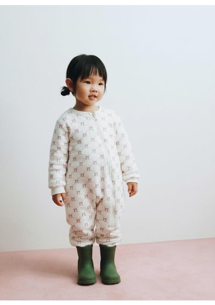 Unisex Çocuk Pamuklu Beyaz Fiyonk Desenli Uyku Tulum - Fermuarlı