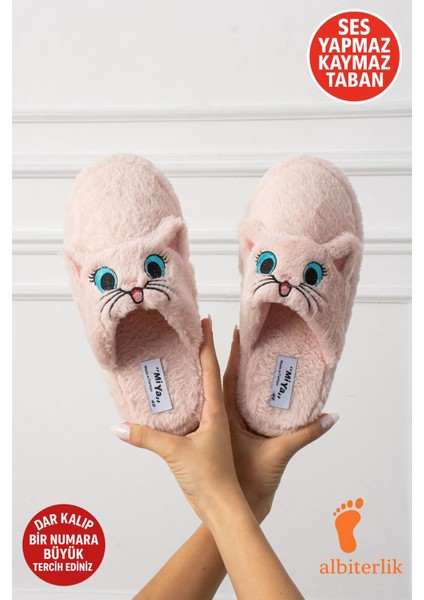 Sevimli Kedi Figürlü Ev Terliği Yumuşak Peluş Ses Yapmaz Kaymaz Hafif Tabanlı Ev Terliği