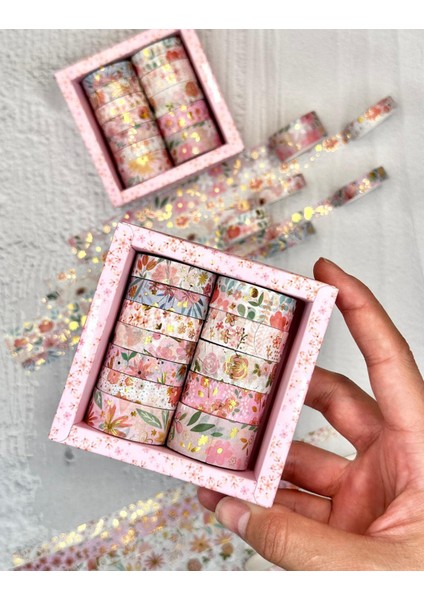 Masking Tape Yaldızlı Çiçek Desenli 12’li Pembe Kutu Washi Bant/washi Tape/bullet Journal/ Scrapbook