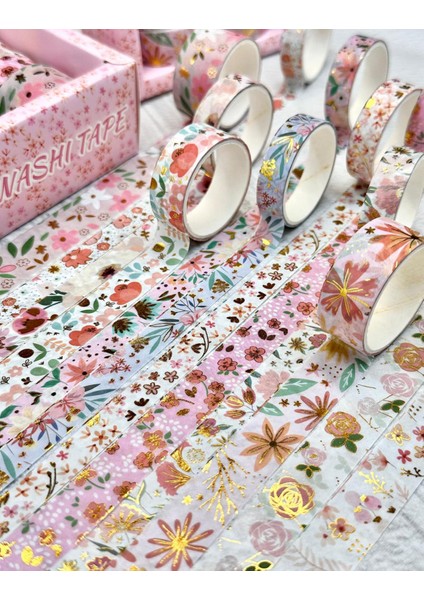 Masking Tape Yaldızlı Çiçek Desenli 12’li Pembe Kutu Washi Bant/washi Tape/bullet Journal/ Scrapbook fiyatları