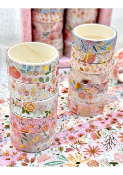 Masking Tape Yaldızlı Çiçek Desenli 12’li Pembe Kutu Washi Bant/washi Tape/bullet Journal/ Scrapbook modelleri