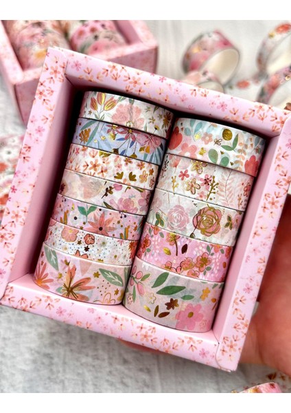 Masking Tape Yaldızlı Çiçek Desenli 12’li Pembe Kutu Washi Bant/washi Tape/bullet Journal/ Scrapbook fırsatları