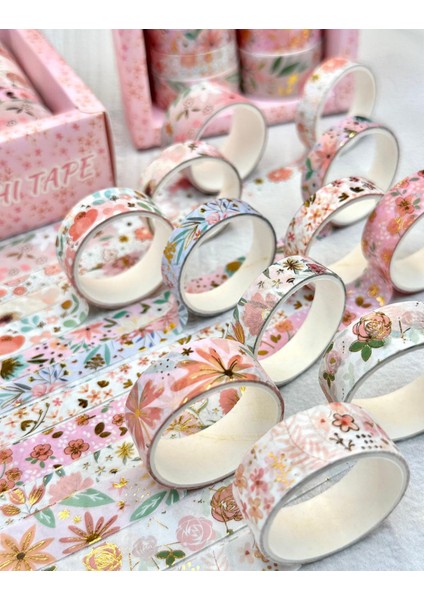 Masking Tape Yaldızlı Çiçek Desenli 12’li Pembe Kutu Washi Bant/washi Tape/bullet Journal/ Scrapbook indirimleri