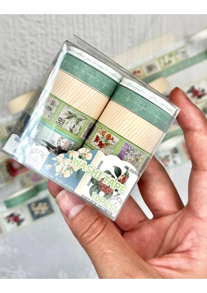 Vintage Çiçek & Posta Temalı Washi Bant Seti Yeşil Tonlar / Washi Tape / Bullet Journal / Scrapbook