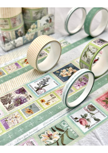 Vintage Çiçek & Posta Temalı Washi Bant Seti Yeşil Tonlar / Washi Tape / Bullet Journal / Scrapbook fiyatları