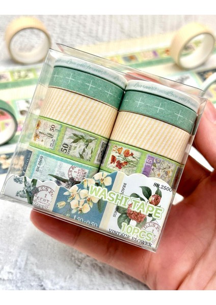 Vintage Çiçek & Posta Temalı Washi Bant Seti Yeşil Tonlar / Washi Tape / Bullet Journal / Scrapbook fırsatları