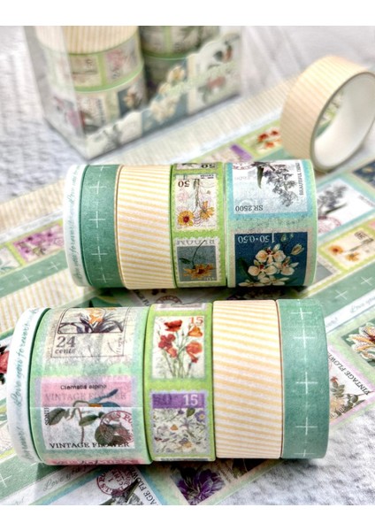 Vintage Çiçek & Posta Temalı Washi Bant Seti Yeşil Tonlar / Washi Tape / Bullet Journal / Scrapbook indirimleri