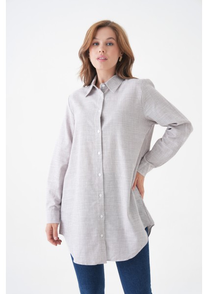 Kadın Gömlek Yaka Düğmeli Uzun Kol Tunik Boy Rahat Çizgili Curve Büyük Beden Tesettüre Uygun Gömlek