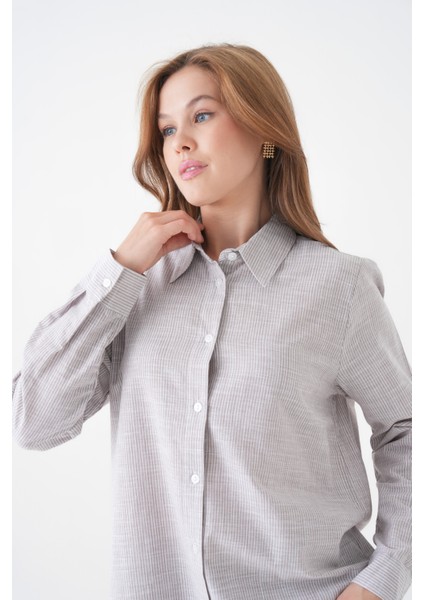 Kadın Gömlek Yaka Düğmeli Uzun Kol Tunik Boy Rahat Çizgili Curve Büyük Beden Tesettüre Uygun Gömlek fiyatları