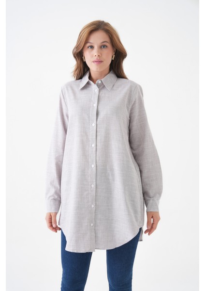 Kadın Gömlek Yaka Düğmeli Uzun Kol Tunik Boy Rahat Çizgili Curve Büyük Beden Tesettüre Uygun Gömlek modelleri