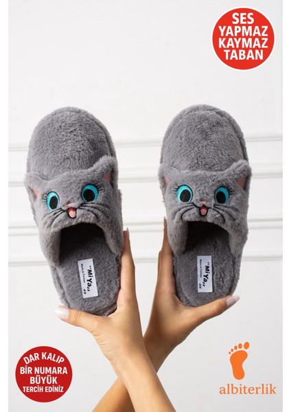 Sevimli Kedi Figürlü Ev Terliği Yumuşak Peluş Ses Yapmaz Kaymaz Hafif Tabanlı Ev Terliği