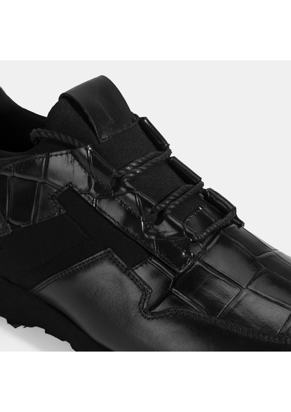 Erkek Siyah Kroko Baskılı Bağcıklı Deri Spor Ayakkabı