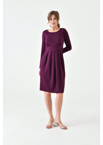 Kadın Uzun Kol Emzirme Detaylı Tesettüre Uygun Viskon Rahat Şık Midi Hamile Elbisesi