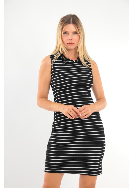 Kadın Çizgili Kolsuz Kapüşonlu Spor Şık Siyah Beyaz Casual Günlük Elbise