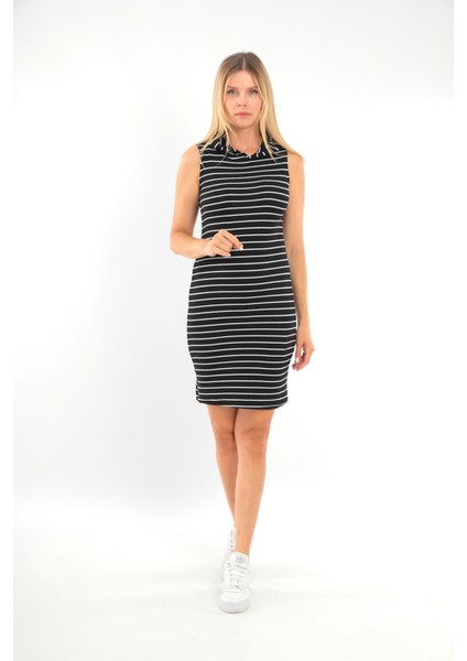 Kadın Çizgili Kolsuz Kapüşonlu Spor Şık Siyah Beyaz Casual Günlük Elbise fiyatları