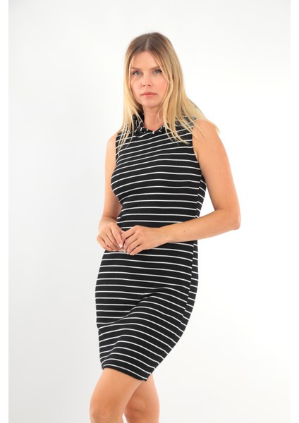 Kadın Çizgili Kolsuz Kapüşonlu Spor Şık Siyah Beyaz Casual Günlük Elbise fırsatları