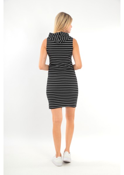 Kadın Çizgili Kolsuz Kapüşonlu Spor Şık Siyah Beyaz Casual Günlük Elbise indirimleri