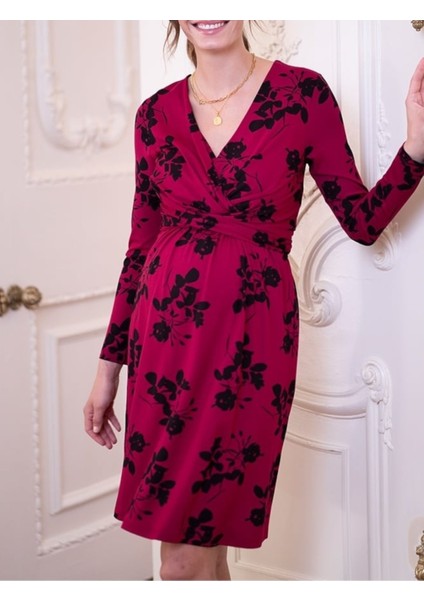 Kadın Uzun Kol Emzirme Detaylı Tesettüre Uygun Çiçek Desenli Viskon Rahat Şık Midi Hamile Elbisesi