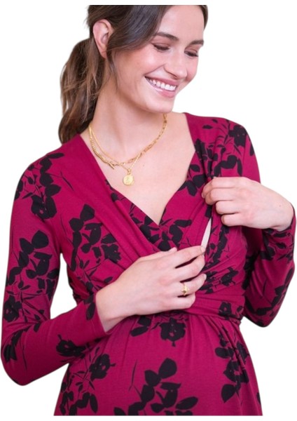 Kadın Uzun Kol Emzirme Detaylı Tesettüre Uygun Çiçek Desenli Viskon Rahat Şık Midi Hamile Elbisesi fiyatları