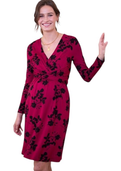 Kadın Uzun Kol Emzirme Detaylı Tesettüre Uygun Çiçek Desenli Viskon Rahat Şık Midi Hamile Elbisesi modelleri