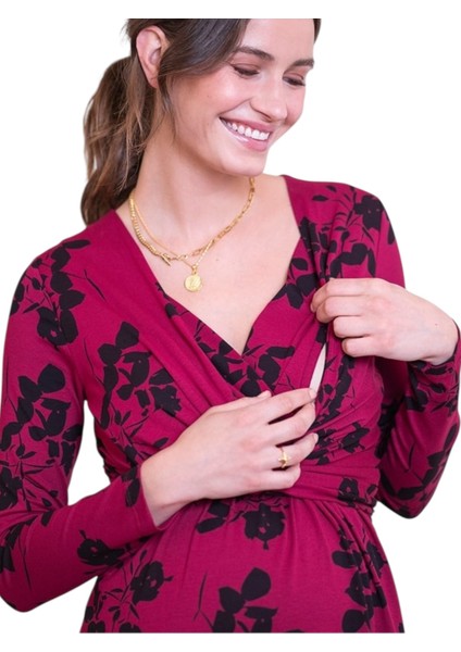 Kadın Uzun Kol Emzirme Detaylı Tesettüre Uygun Çiçek Desenli Viskon Rahat Şık Midi Hamile Elbisesi indirimleri