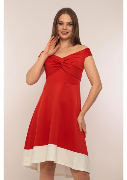 Kadın Kayık Yaka Kırmızı Volanlı Çan Kesim Şık Curve Gece Abiye/mezuniyet Elbisesi fiyatları