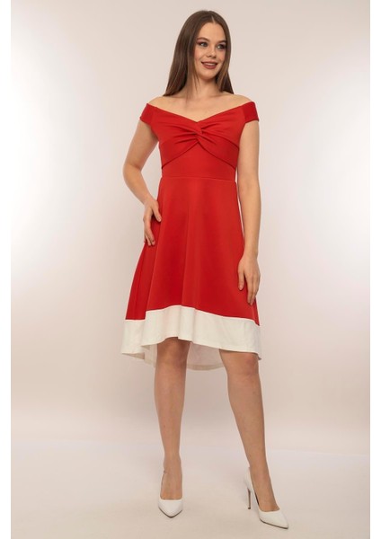 Kadın Kayık Yaka Kırmızı Volanlı Çan Kesim Şık Curve Gece Abiye/mezuniyet Elbisesi fırsatları