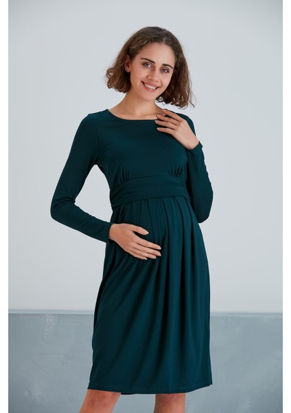 Kadın Uzun Kol Emzirme Detaylı Viskon Rahat Şık Hamile Elbisesi