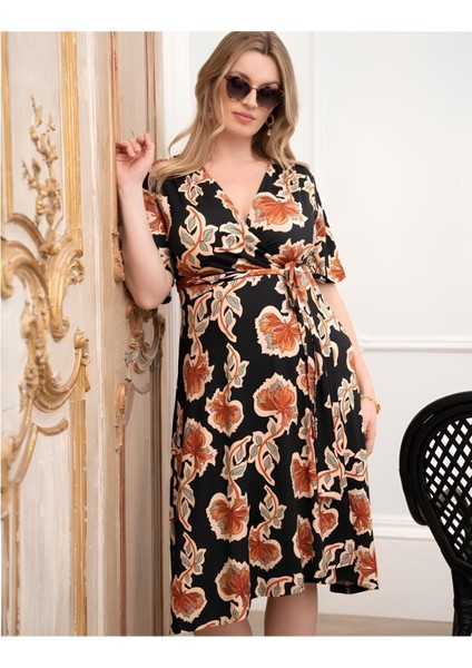 Kadın V Yaka Truvakar Kol Belden Bağlamalı Midi Boy Spor Şık Viskon Hamile Elbisesi