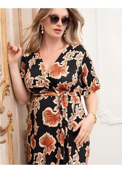 Kadın V Yaka Truvakar Kol Belden Bağlamalı Midi Boy Spor Şık Viskon Hamile Elbisesi modelleri