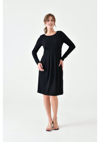 Kadın Uzun Kol Emzirme Detaylı Tesettüre Uygun Viskon Rahat Şık Midi Hamile Elbisesi